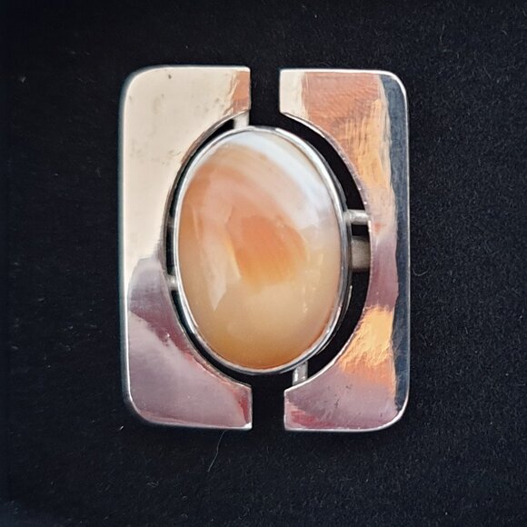 Unique Vintage European Modernist Apricot Carnelian Agate .800 Silver Ring - Picture 1 of 12